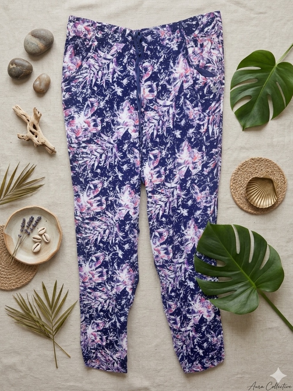 ROXY Women’s Oceanside Printed Beach Pants Navy Blue Pink Purple Tropical Leaf